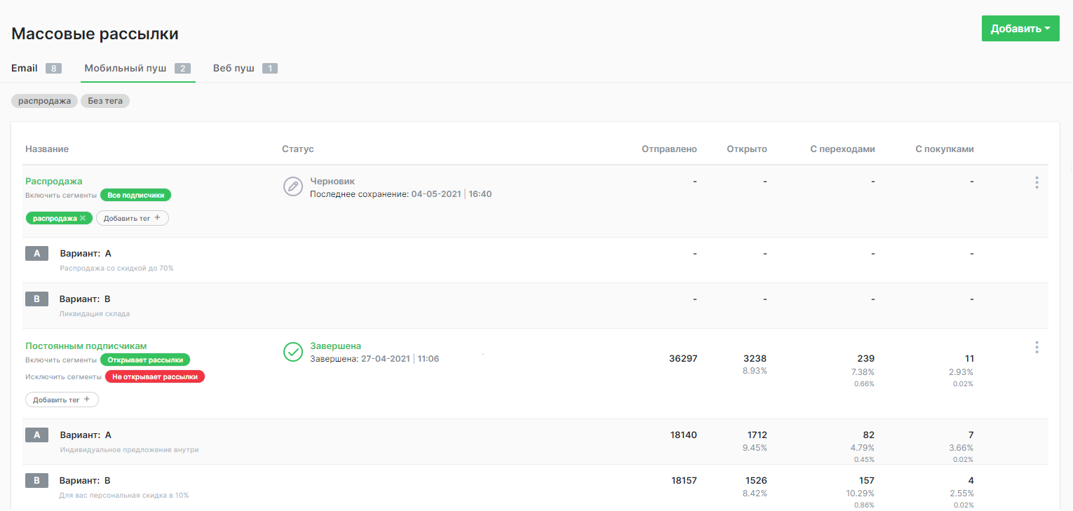 Управление рассылками