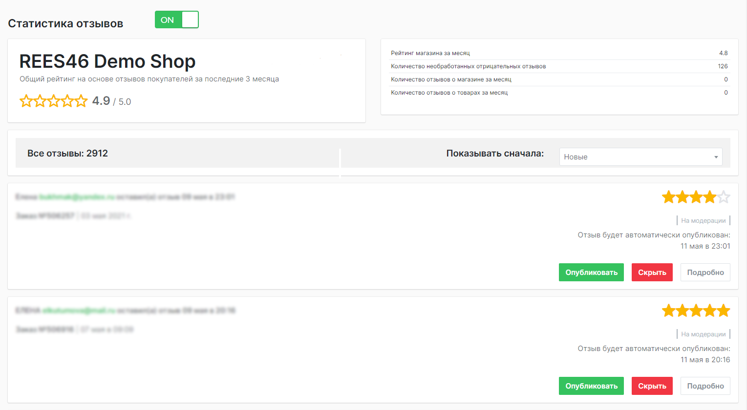Управление отзывами